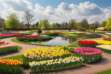Obraz premium Flowerbed of the tulips of the different colors and other flowers on the shore of the reservoir in Keukenhof Park