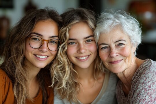 Three women are smiling for the camera, with one of them wearing glasses