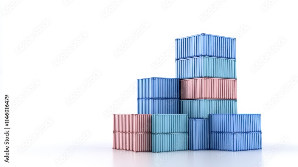 Poster stacked shipping containers in various colors create a visually striking arrangement on a white back