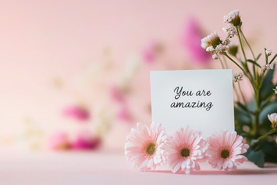 Inspirational card with text, pink flowers on soft background