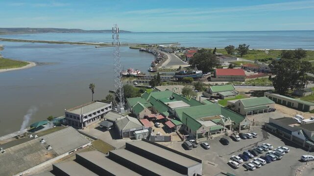 Aerial flying over houses near Mouth of Berg River. Velddrif, South Africa