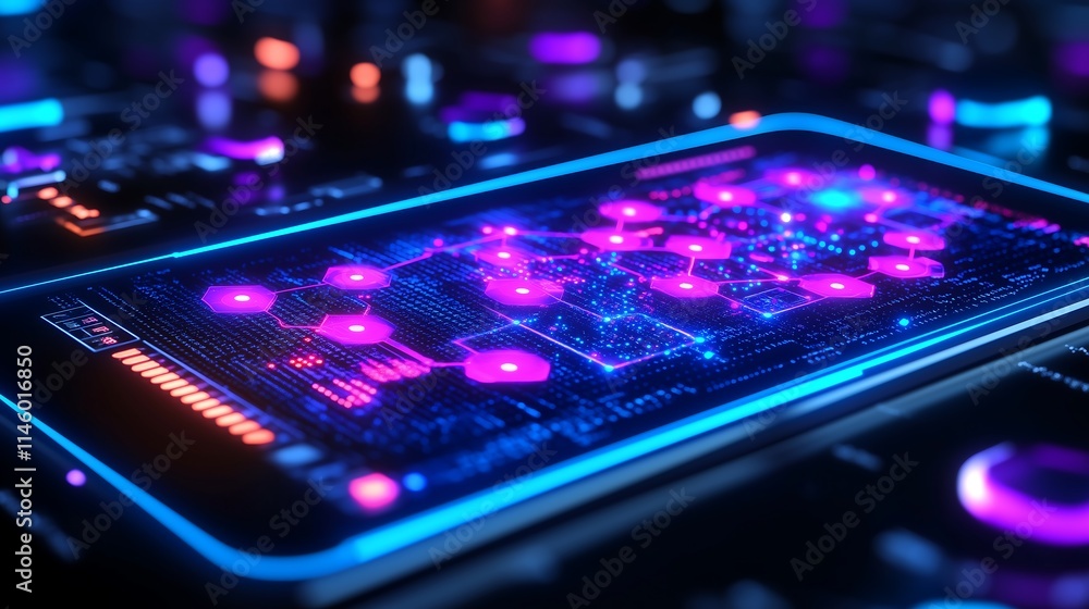 Poster the future is in your hands: a futuristic and abstract image of a smartphone screen, glowing with ne