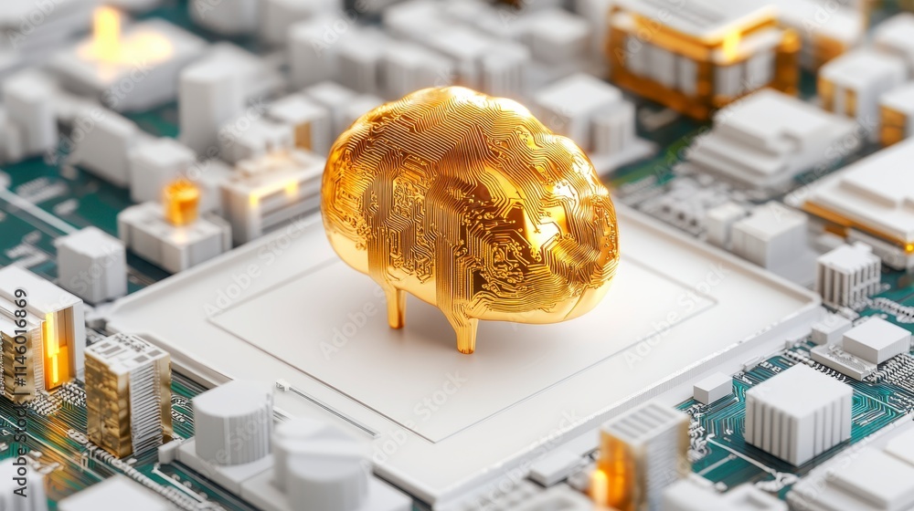 Poster a shimmering golden brain rests on a circuit board, symbolizing the fusion of technology and intelli