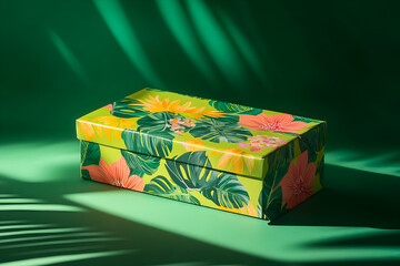 Obraz premium Vibrant floral design box studio setting product photography green background close-up view creative presentation