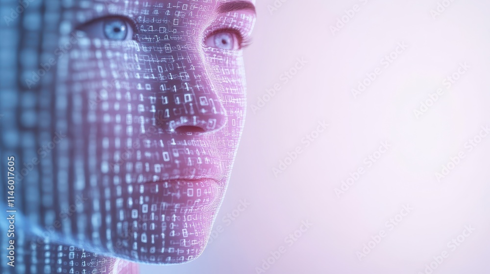 Poster a digital representation of a human face composed of binary code, symbolizing the intersection of te