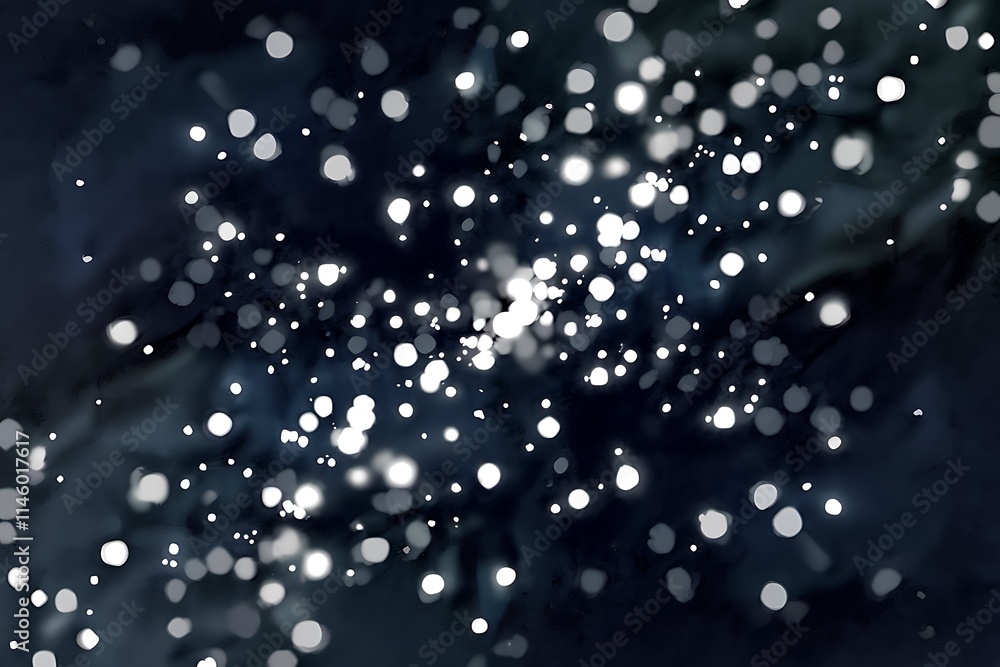 Poster midnight blue background with soft, luminous white points shimmering across the surface. the dots va