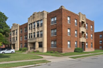 Fototapeta premium A brick apartment building with art deco elements, featuring multiple floors, large windows, and a manicured lawn.