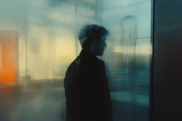 A person standing in front of a glass wall with a cityscape or landscape outside