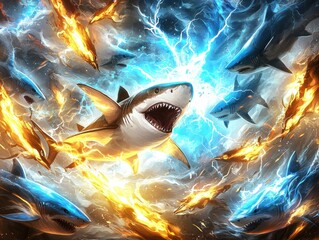 Powerful sharks emerge in a stormy ocean digital art intense environment dramatic viewpoint