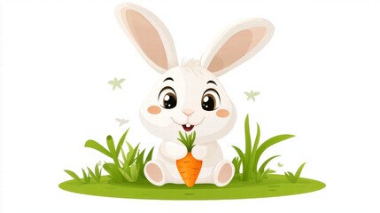 Cute cartoon bunny enjoying a carrot on green grass whimsical illustration nature joyful vibe