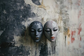 A pair of decorative masks hang from hooks on a wall