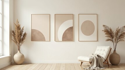 Serene Minimalist Living Room Decor with Abstract Wall Art and Pampas Grass
