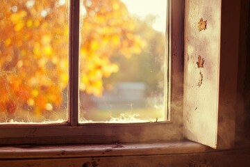 A close-up shot of a window with a tree in the background