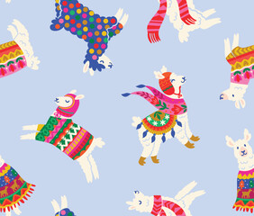 White llamas, alpacas in winter sweaters, scarf and hats isolated on light blue background. Pattern Design