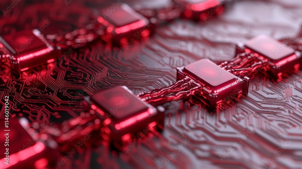 Poster a close-up of interconnected red circuit elements on a textured surface, embodying a futuristic tech