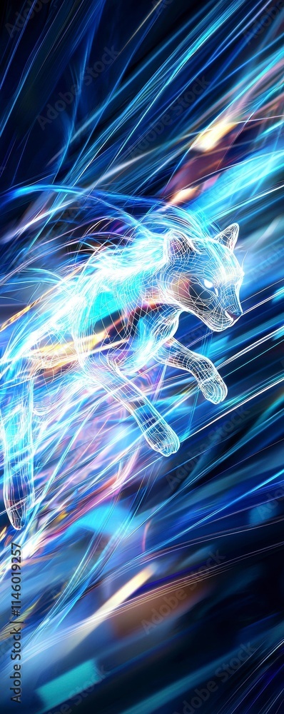 Poster dynamic light trail of a glowing cat leaping through a futuristic space digital art high-tech enviro