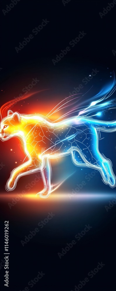 Poster dynamic digital cat running in neon colors abstract environment futuristic concept art high-contrast