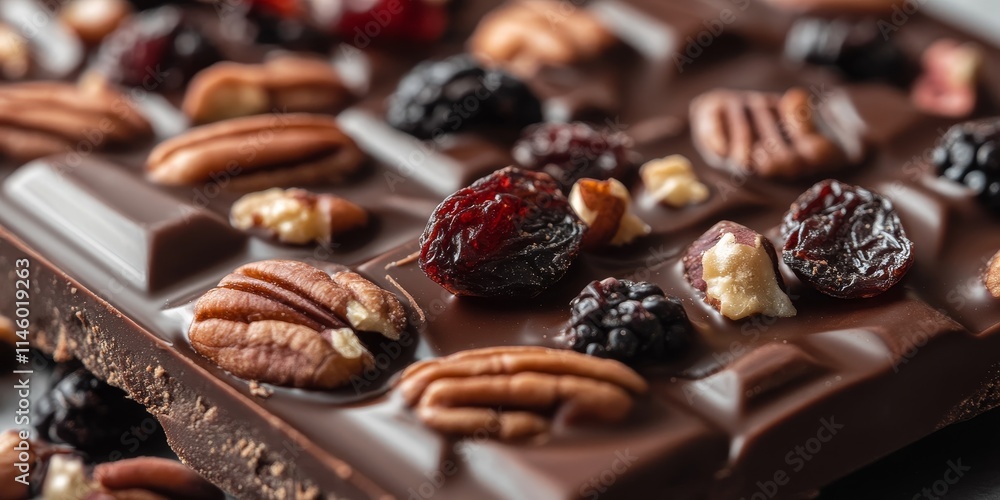 Poster closeup of a handmade chocolate bar featuring pecan nuts and dried berries, showcasing the delightfu