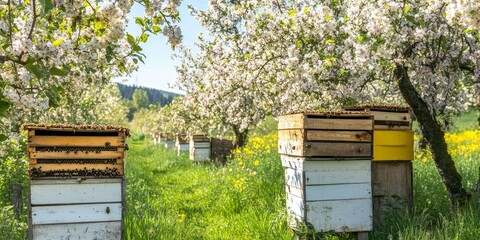 Beehives surrounded by flowering apple trees in an orchard. These beehives play a vital role in the pollination process within the apple orchard, supporting organic fruit and food production.