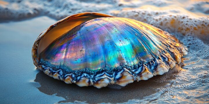 Closeup of an abalone shell resting on wet sand, showcasing the stunning colors and textures of the abalone shell, beautifully contrasted against the shiny wet sand beneath.