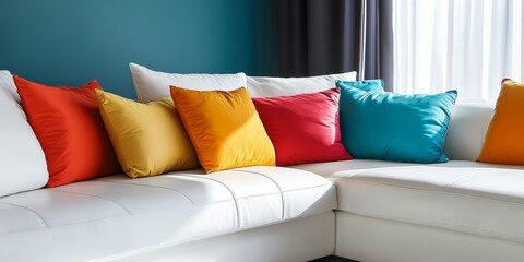 Contemporary white leather couch adorned with vibrant cushions enhances the sophisticated design of a stylish living room, creating a chic and inviting ambiance.