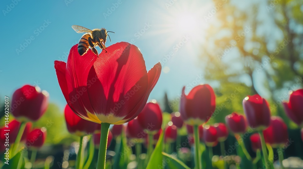 Poster a single red tulip with a bee collecting pollen, low-angle shot, nature style