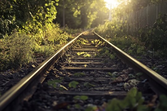 Railway track runs parallel to a dense forest, perfect for landscape or adventure photography