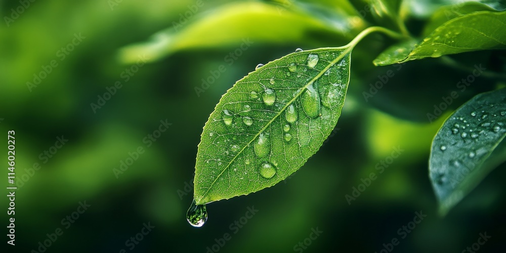 Poster Dropping a green leaf with a pointed end creates a captivating visual, showcasing the beauty and intricacy of nature. The green leaf with a pointed end adds an element of freshness and tranquility.