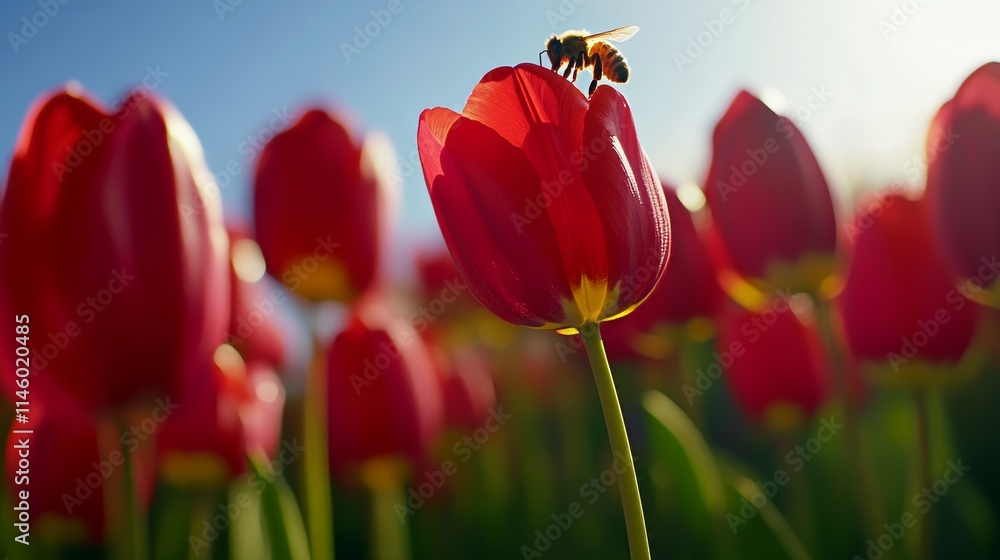Poster a single red tulip with a bee collecting pollen, low-angle shot, nature style