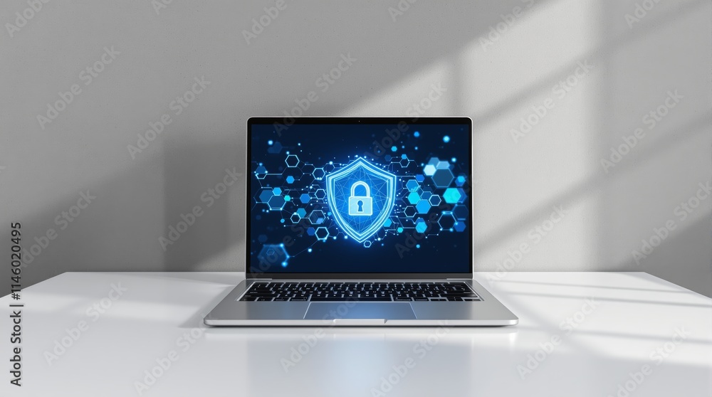 Poster laptop with glowing blue security shield on screen on white desk in minimalist setting.
