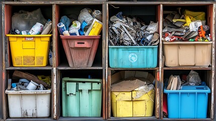 Close-up of sorted waste materials in color-coded bins for effective recycling and waste segregation.