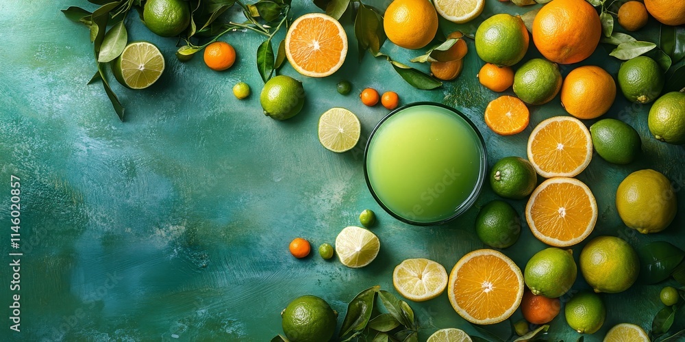 Poster fresh lime juice alongside vibrant limes, oranges, and an array of citrus fruits beautifully display
