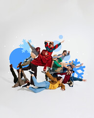 Dynamic group of people falling and reaching towards discounts, symbolizing enthusiasm and rush for winter sales. Winter sales, shopping, holiday preparation concept. Snowflakes graphics in background