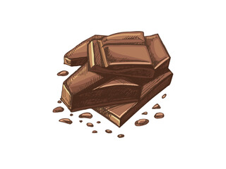 Broken chocolate pieces with crumbs in vintage colored sketch style