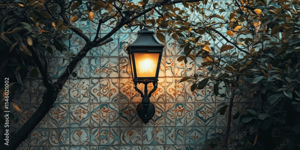 Poster street lamp surrounded by tree branches and a building showcasing an intricate tiled pattern, highli