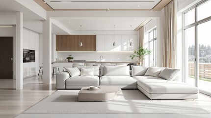 Modern white living room with open kitchen and natural light.