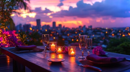 Romantic terrace dinner with candlelight and city view during sunset