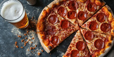 A deliciously sliced pepperoni pizza served alongside beer and scattered crumbs, showcasing the enticing appeal of pepperoni pizza for any gathering or casual dining experience.