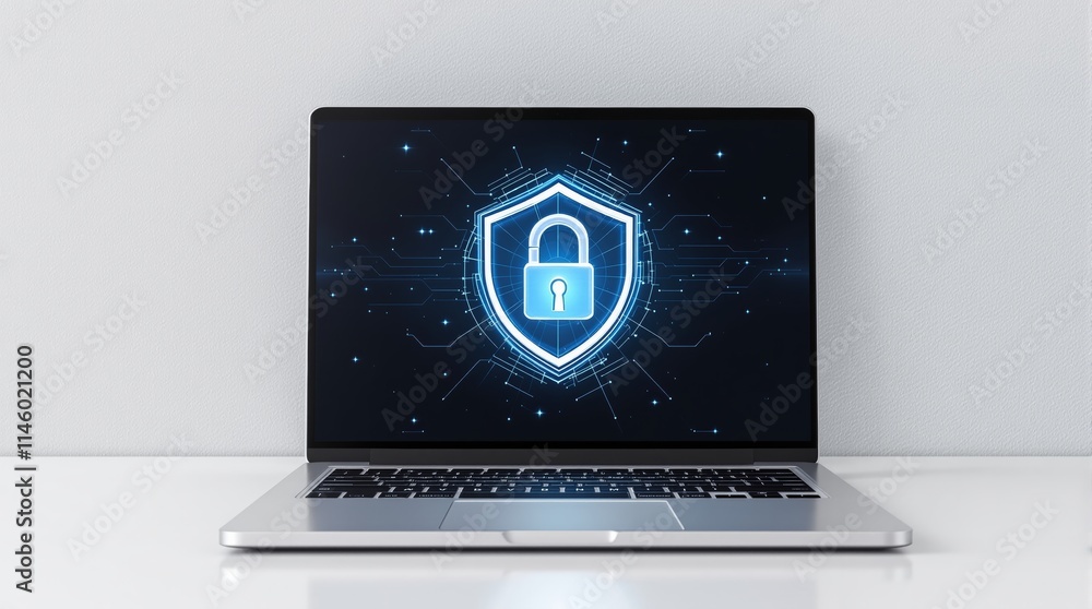 Poster laptop displaying a glowing digital shield with a lock symbol on the screen, placed on a white surfa