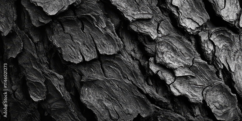 Poster monochrome dark tree bark texture showcases the intricate and unique patterns found in tree bark, em