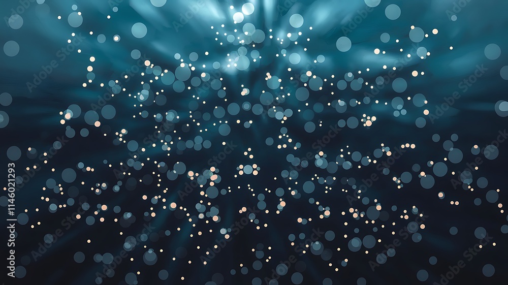 Poster midnight blue background with soft, luminous white points shimmering across the surface. the dots va