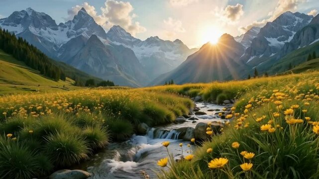 "A serene alpine meadow covered with wildflowers, surrounded by towering snow-capped peaks under a golden sunrise, with a crystal-clear stream cutting through the lush grass, ultra-realistic and vivid