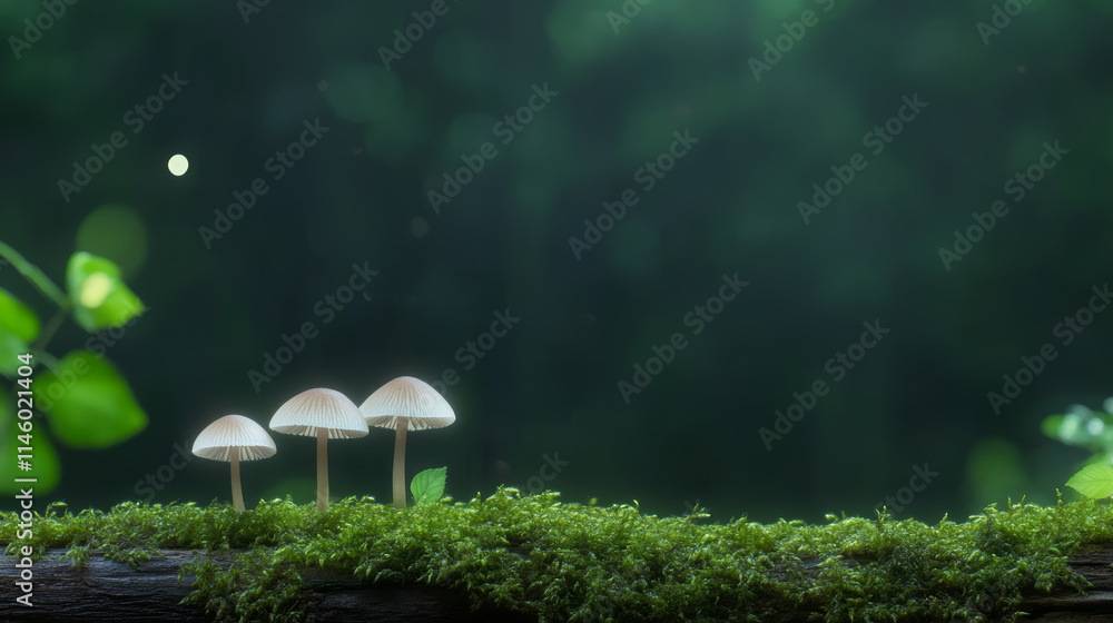 Poster three delicate mushrooms growing on a moss-covered log in a tranquil forest setting with soft green 