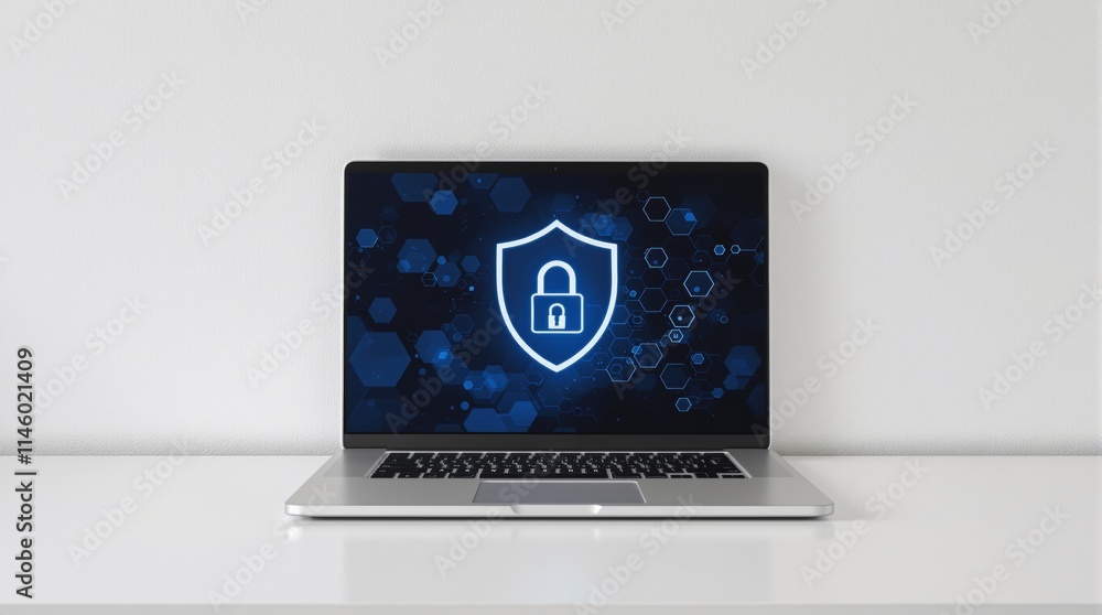 Poster Laptop displaying glowing lock icon on a blue shield with hexagonal patterns on dark background.
