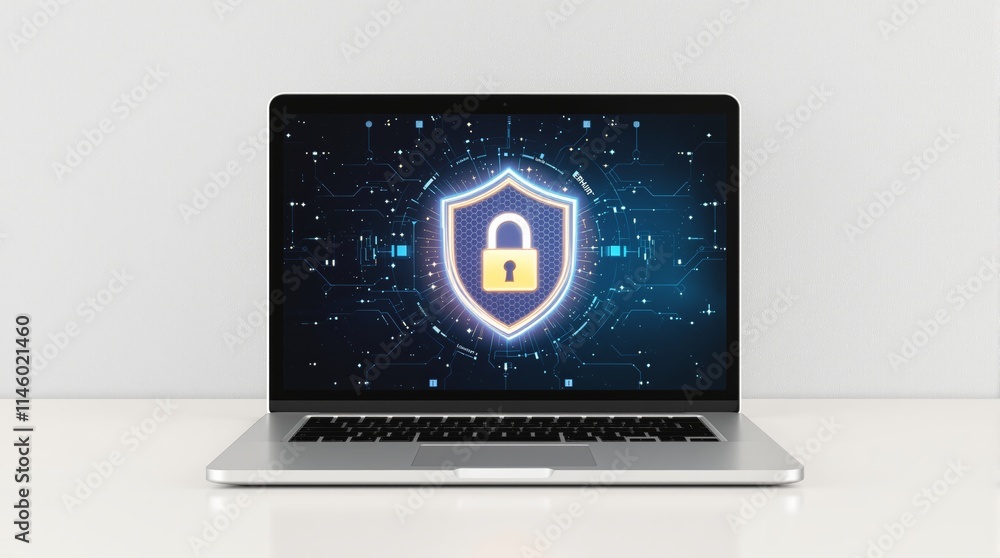 Poster Laptop displaying a glowing shield with a lock on a circuit-patterned screen, concept of cybersecurity and data protection.