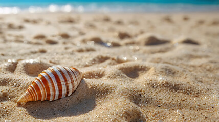 Beautiful summer background with seashell on the sandy beach and blue sea, sunny day. Vacation concept
