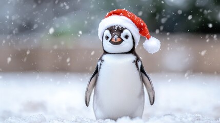 Cute penguin wearing Santa hat in snow.