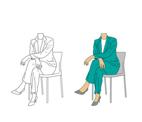Seated female body, color and black and white illustration