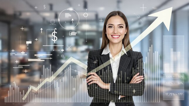 Businesswoman smiling with financial growth charts, futuristic overlay of data and trends.