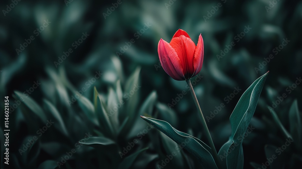 Poster a single red tulip with a soft focus background of green foliage, minimalist shot, nature's simplici